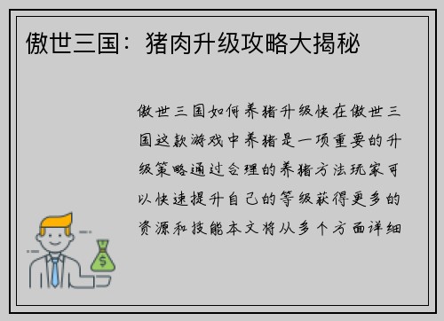 傲世三国：猪肉升级攻略大揭秘